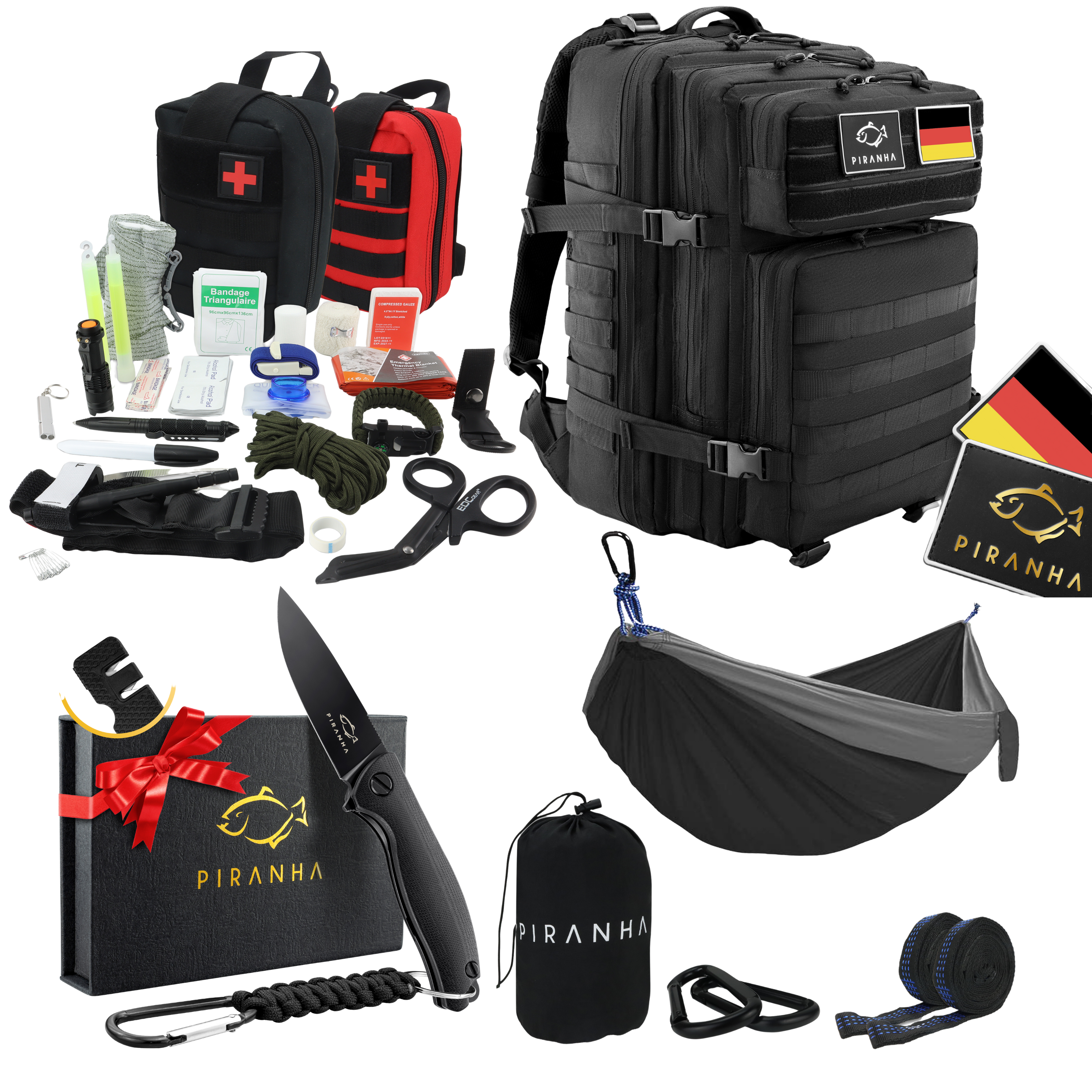 Outdoor Family Starter Set – 1x Rucksack, 1x Survival Kit, 1x Klappmesser, 2x Hängematte