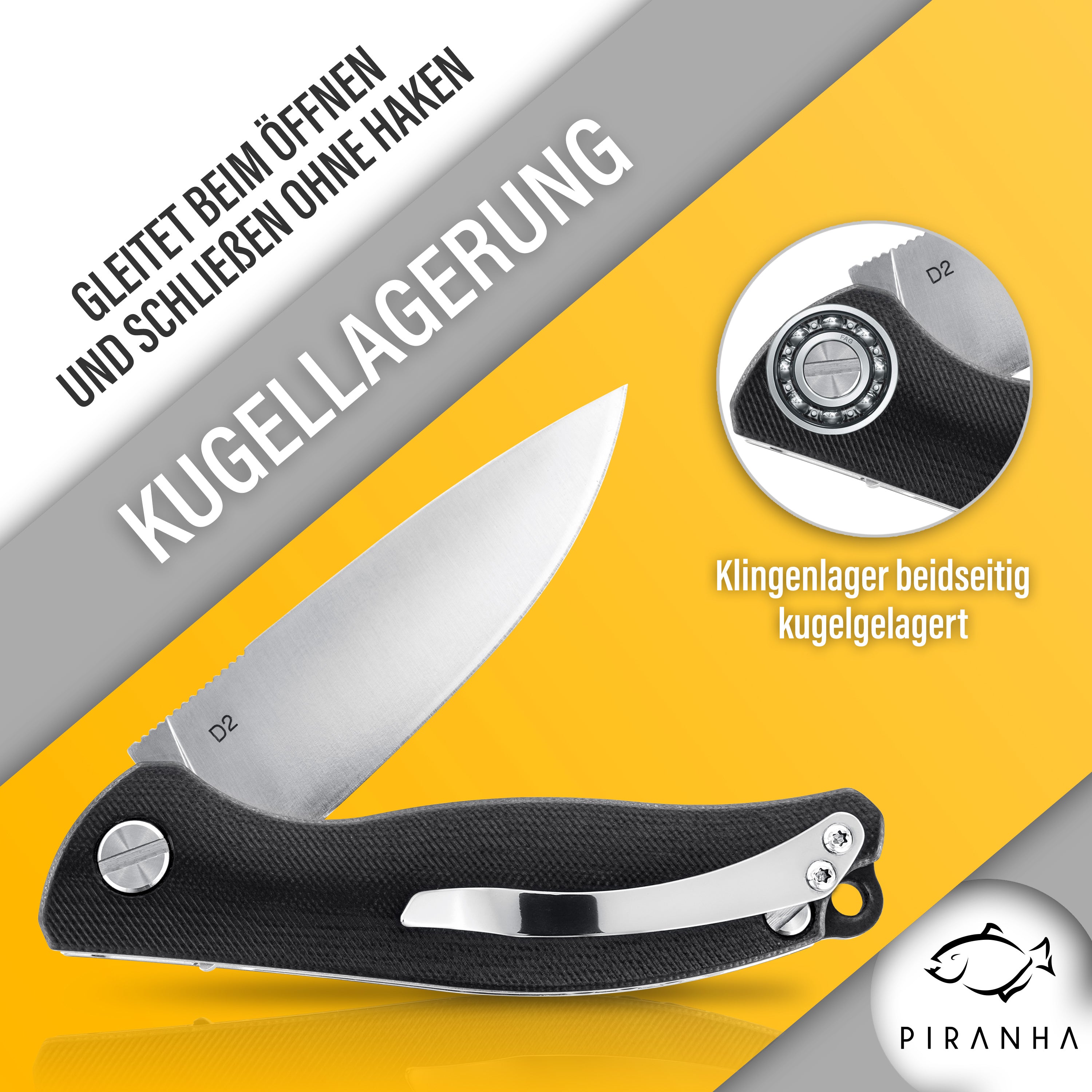 Bushcraft Messer Outdoor – D2 Stahl Klappmesser – Camping Survival Knife – G10 Griff - Silber