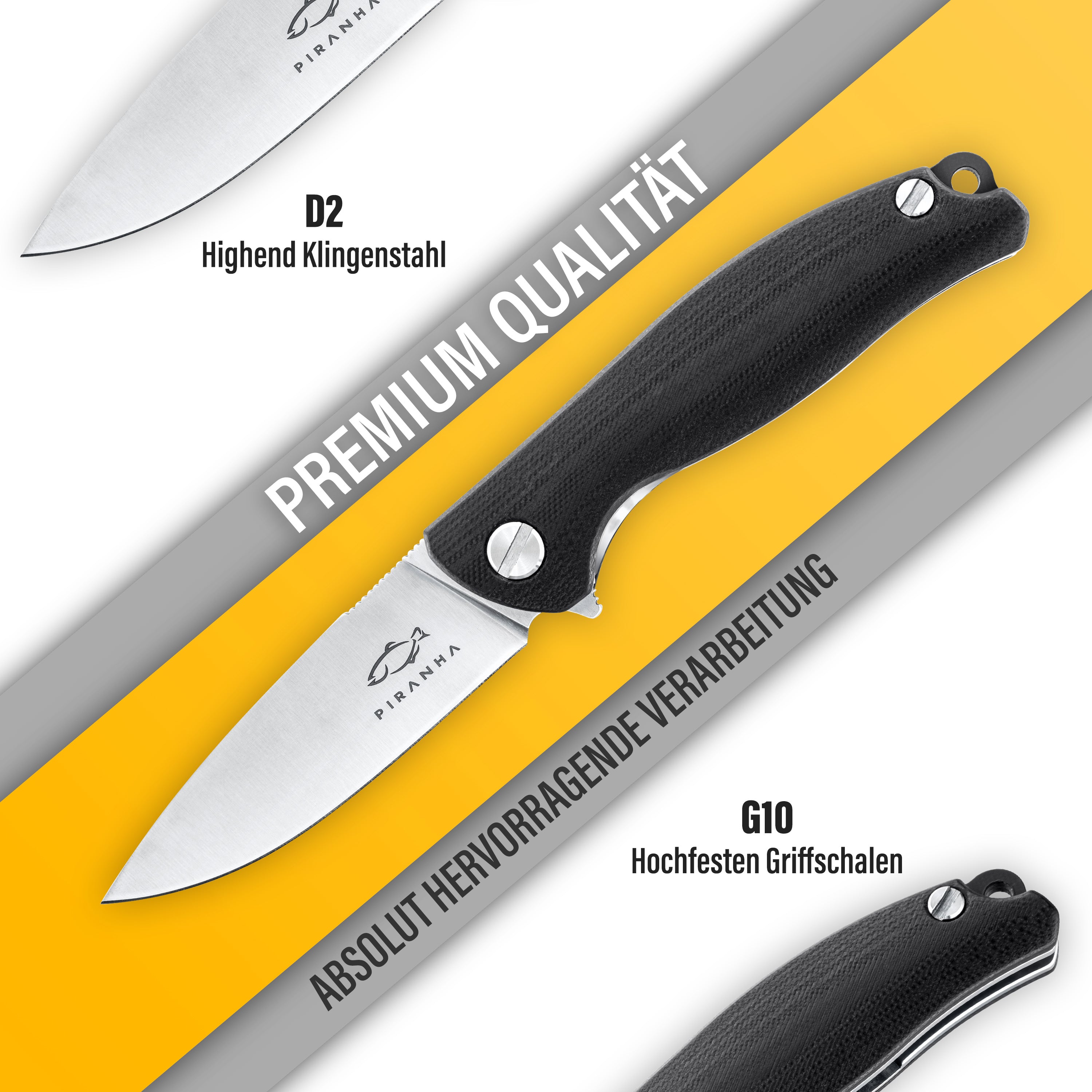 Bushcraft Messer Outdoor – D2 Stahl Klappmesser – Camping Survival Knife – G10 Griff - Silber