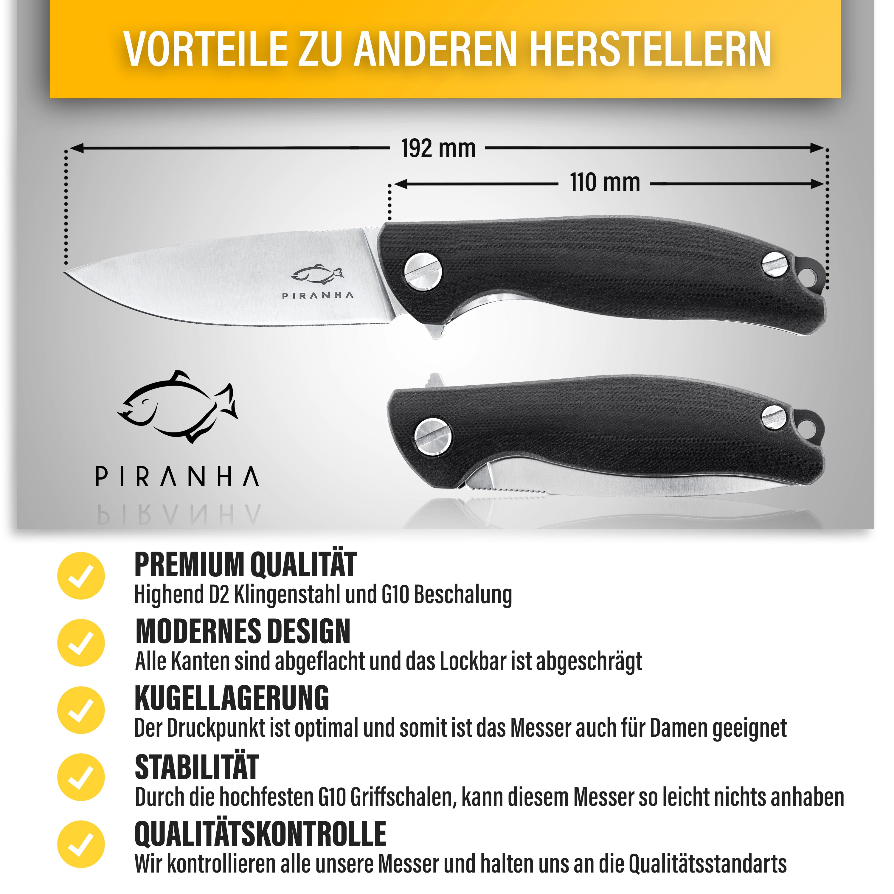 Bushcraft Messer Outdoor – D2 Stahl Klappmesser – Camping Survival Knife – G10 Griff - Silber