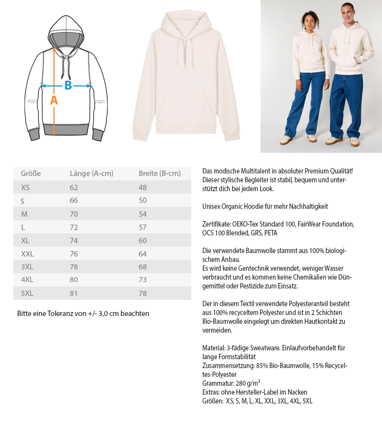 Größentabell Piranha Outdoor Berg Abenteuer - Unisex Bio Hoodie