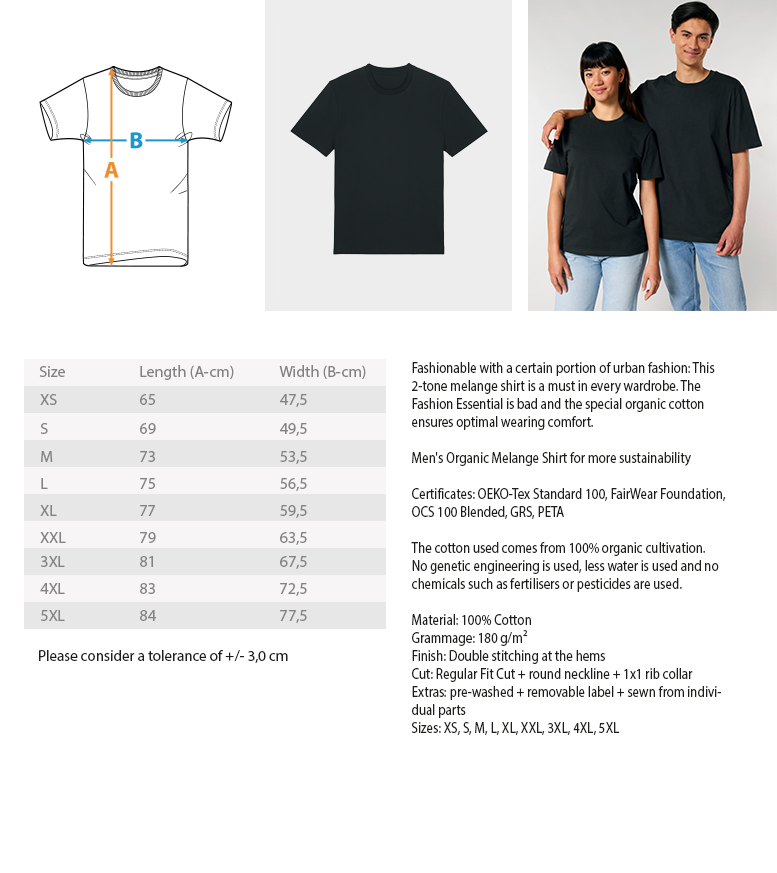 Größentabelle Piranha Outdoor Erlebe Natur - Herren Premium Bio T-Shirt