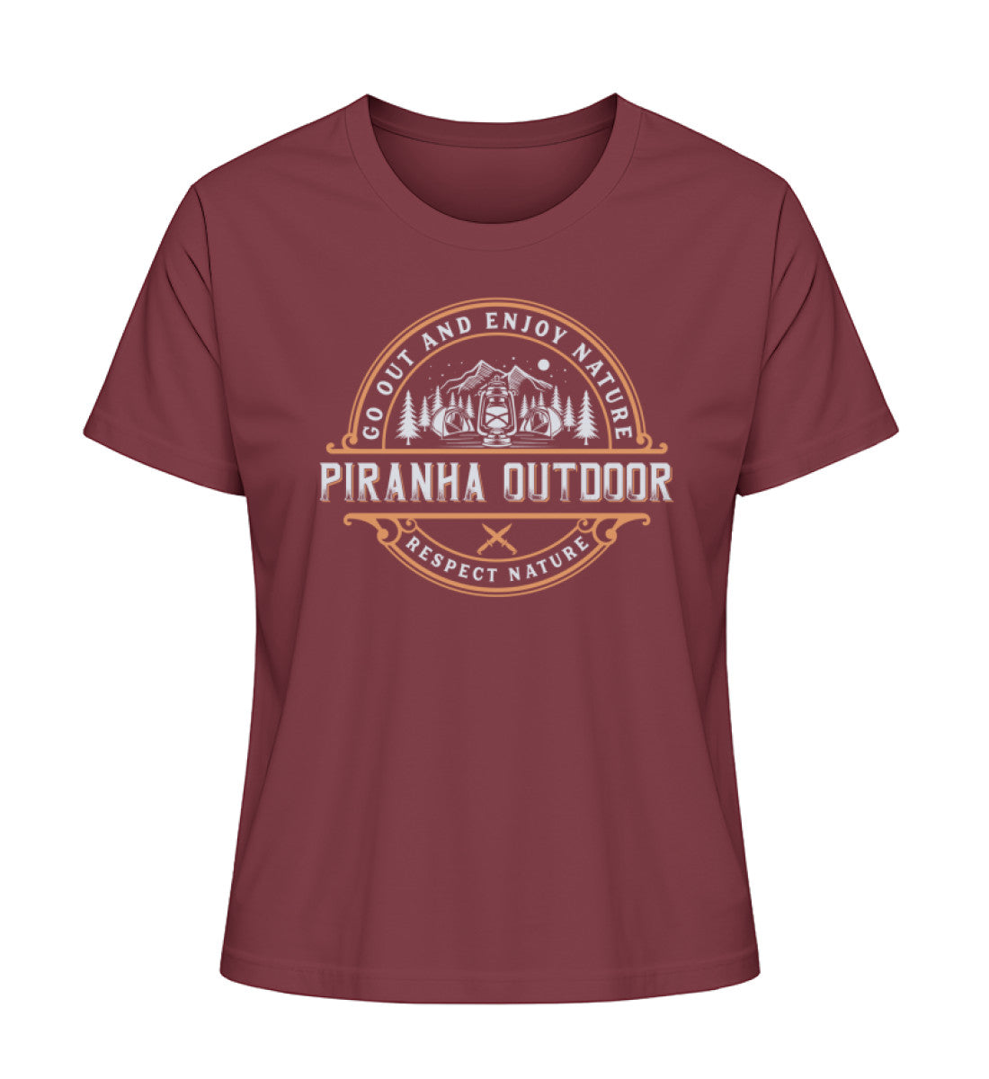Piranha Outdoor Wildnis Entdecken - Damen Premium Bio T-Shirt in Farbe Burgundy